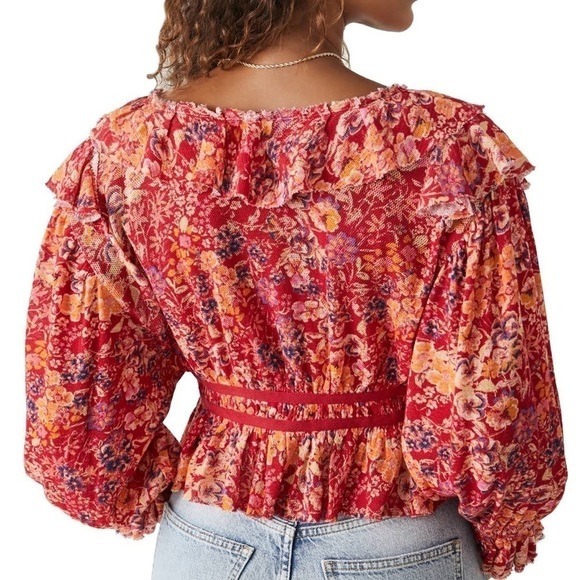 Free People Red Rudi Ruffle Long sleeves Bohemian top size Small - Picture 9 of 16
